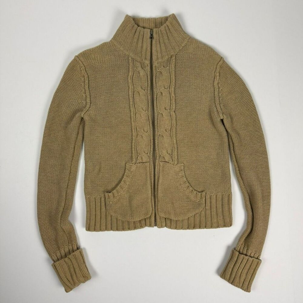 Old Navy Vintage 100% Cotton Cable Knit Tan Full Zip Cardigan Sweater - S